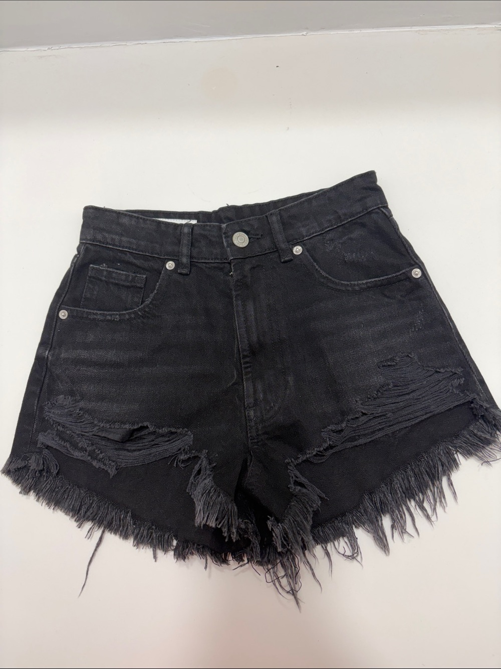 Zara Black Distressed Frayed Hem Denim Shorts